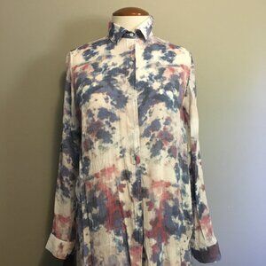 Tie Dye Ink Blot Artistic Beach Comber Long Button Up Tunic Blouse